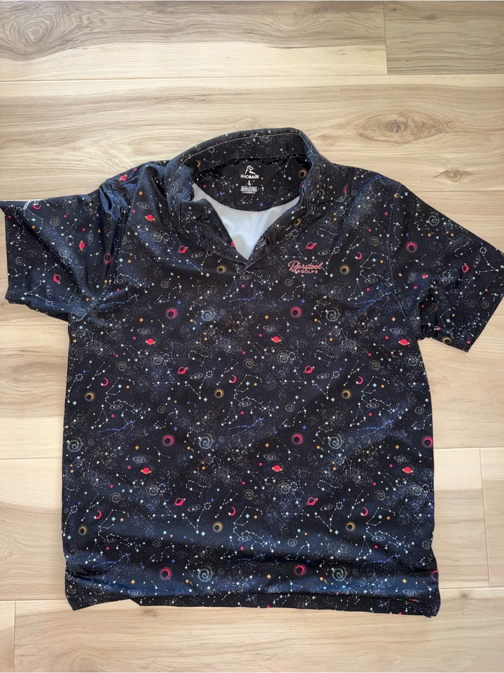 Rhoback Black Space-Print Polo with Red and Gold Accents